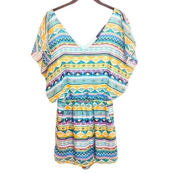 FRANCESCA'S COLLECTIONS BLUE YELLOW AND PINK BOHEMIAN GEO PRINT ROMPER - Picture 1 of 3